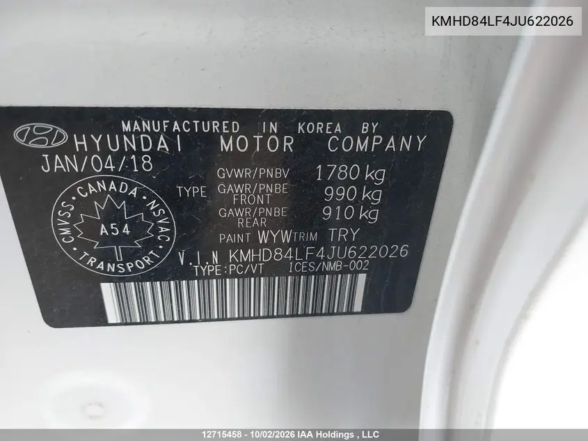 2018 HYUNDAI ELANTRA VIN KMHD84LF4JU622026 — фото 9