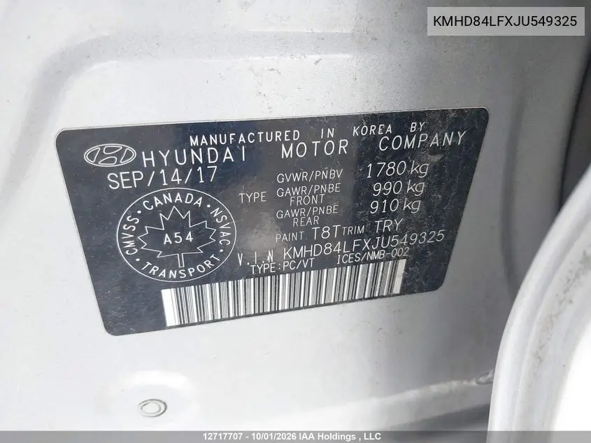 2018 HYUNDAI ELANTRA VIN KMHD84LFXJU549325 — фото 9