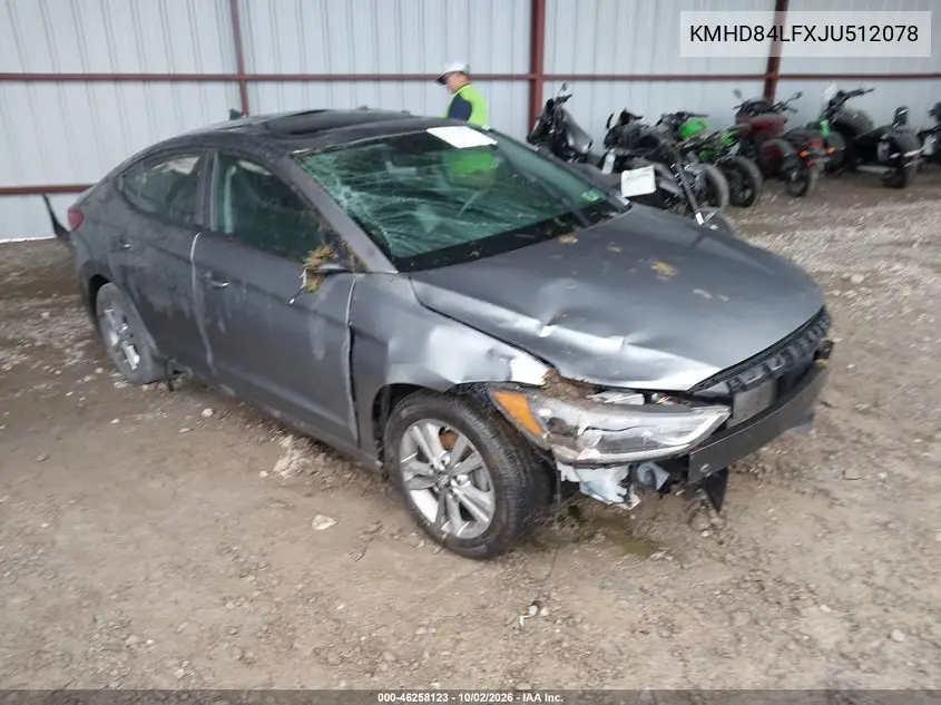 HYUNDAI ELANTRA 2018, VIN KMHD84LFXJU512078