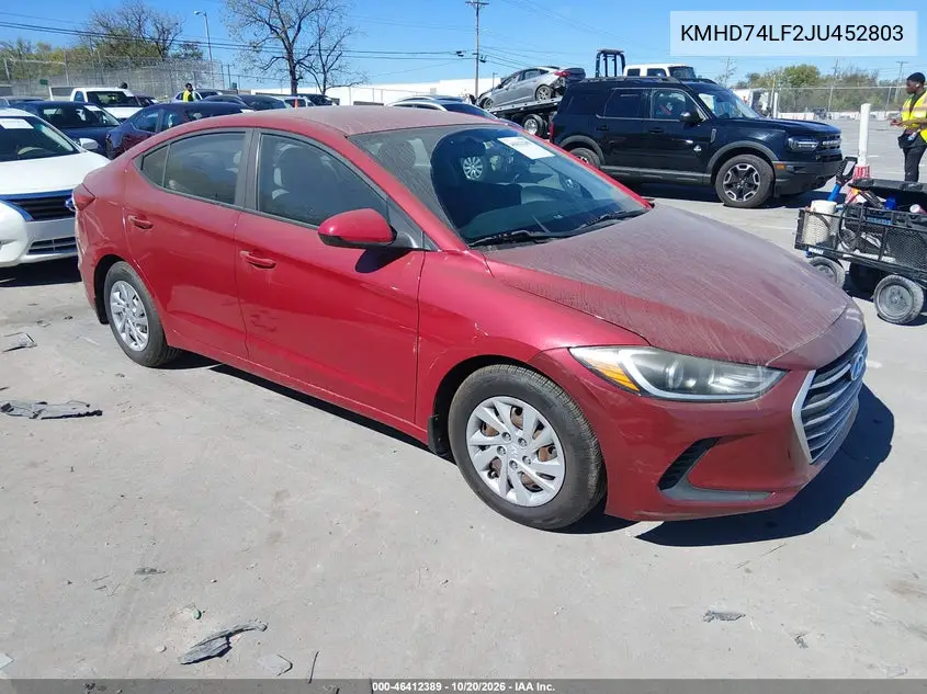 HYUNDAI ELANTRA 2018, VIN KMHD74LF2JU452803