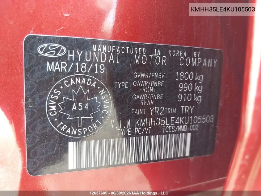2019 HYUNDAI ELANTRA VIN KMHH35LE4KU105503 — фото 9