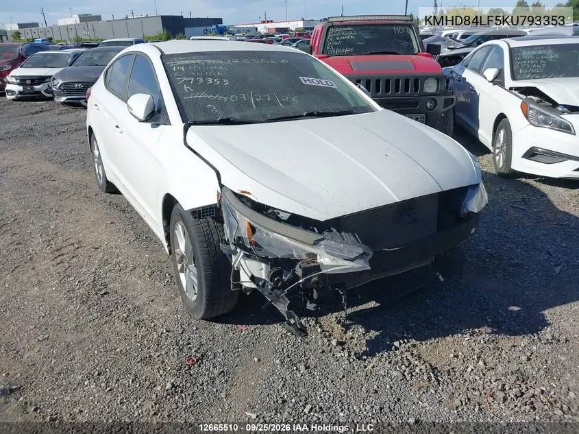 HYUNDAI ELANTRA 2019, VIN KMHD84LF5KU793353