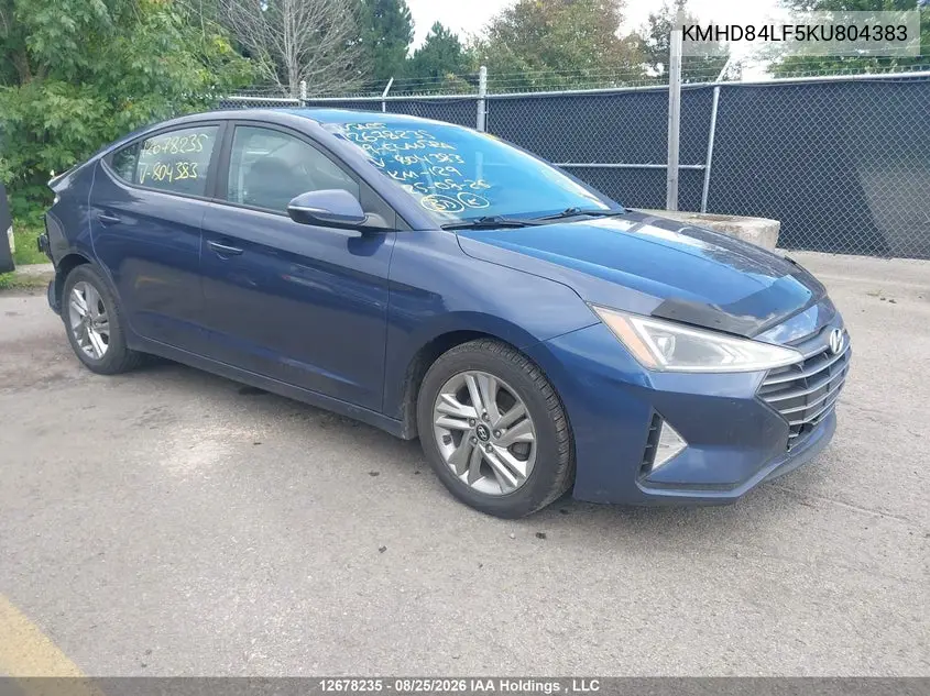 HYUNDAI ELANTRA 2019, VIN KMHD84LF5KU804383