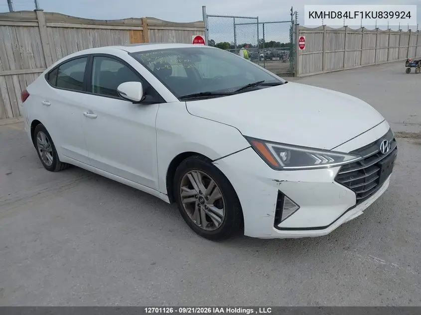 HYUNDAI ELANTRA 2019, VIN KMHD84LF1KU839924