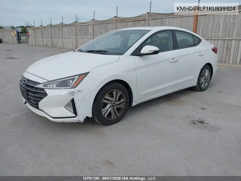 2019 HYUNDAI ELANTRA VIN KMHD84LF1KU839924 — фото 2