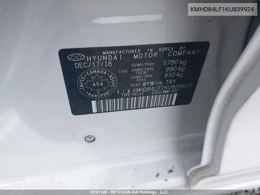 2019 HYUNDAI ELANTRA VIN KMHD84LF1KU839924 — фото 9