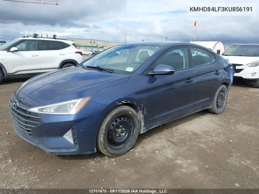 2019 HYUNDAI ELANTRA VIN KMHD84LF3KU856191 — фото 2