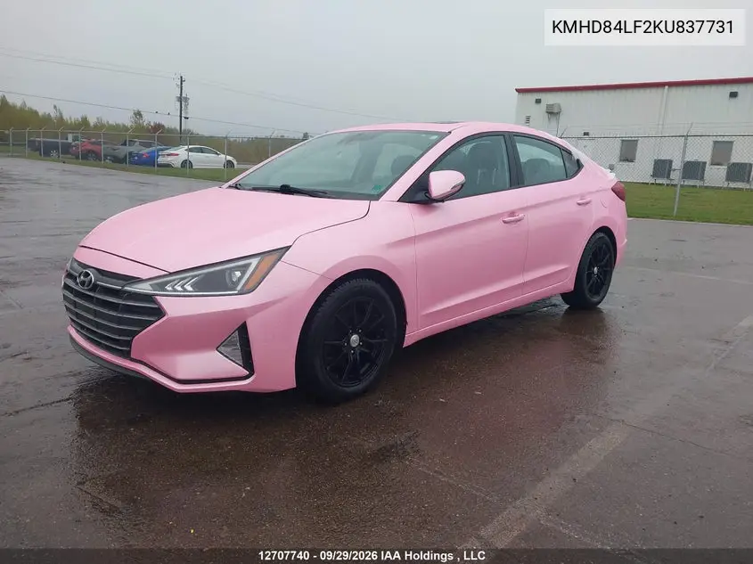 2019 HYUNDAI ELANTRA VIN KMHD84LF2KU837731 — фото 2