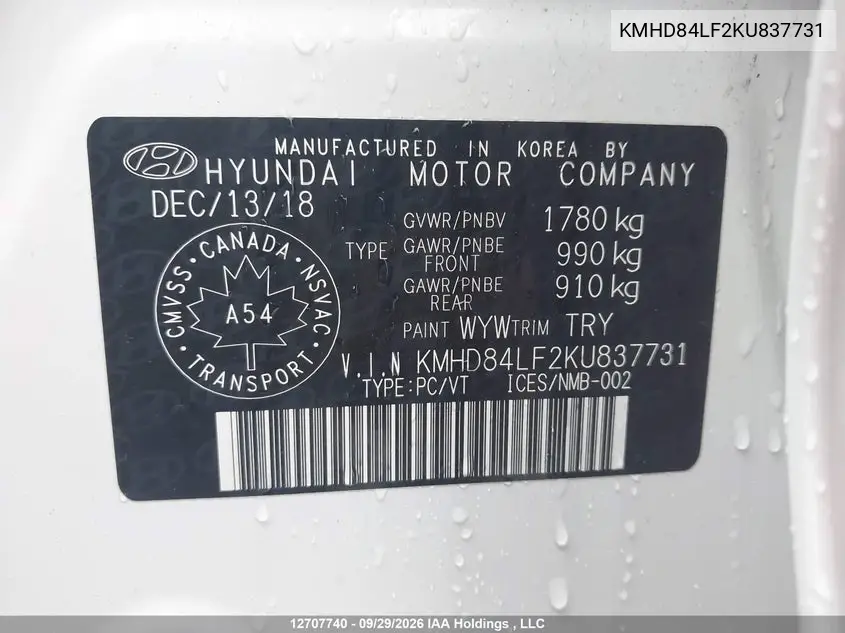 2019 HYUNDAI ELANTRA VIN KMHD84LF2KU837731 — фото 9