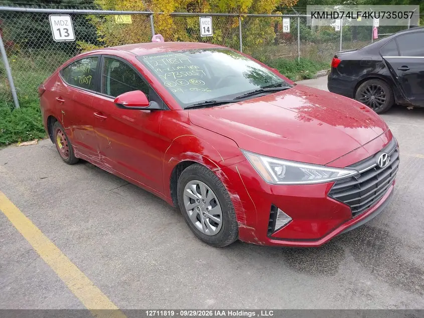 HYUNDAI ELANTRA 2019, VIN KMHD74LF4KU735057