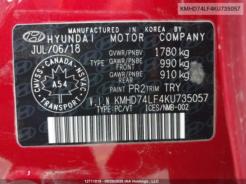2019 HYUNDAI ELANTRA VIN KMHD74LF4KU735057 — фото 18