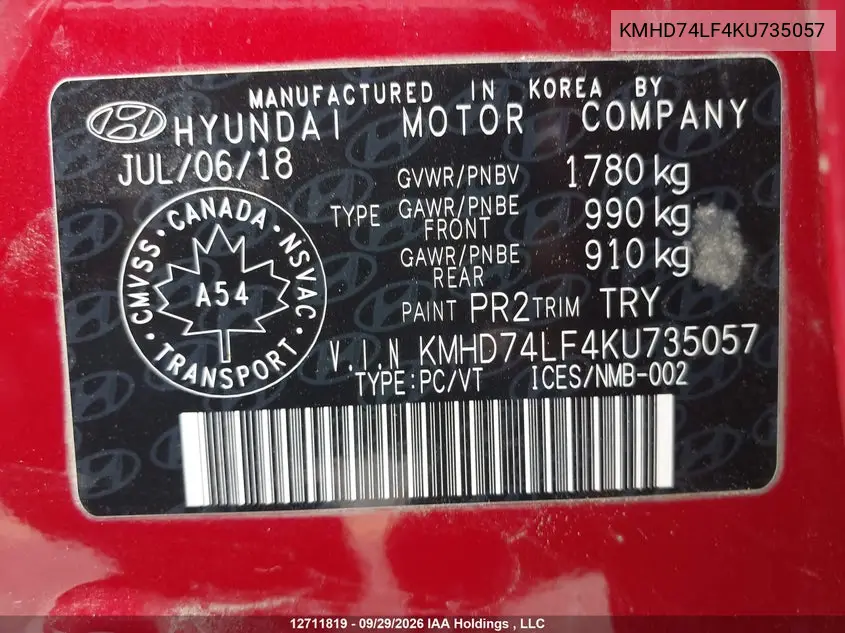 2019 HYUNDAI ELANTRA VIN KMHD74LF4KU735057 — фото 9