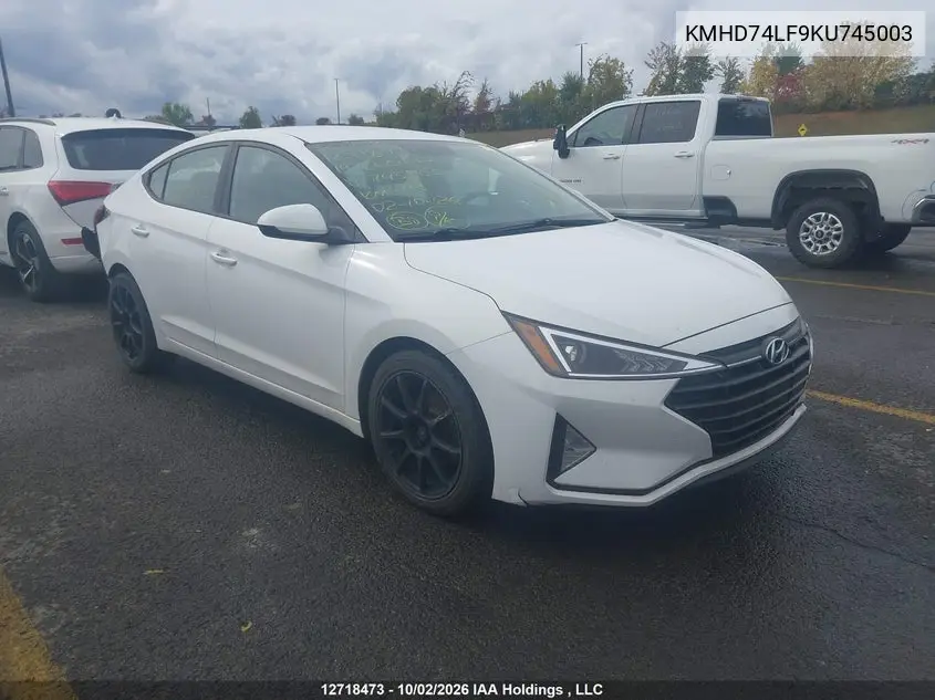 HYUNDAI ELANTRA 2019, VIN KMHD74LF9KU745003