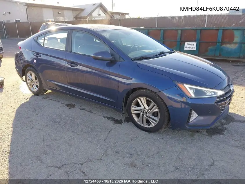 HYUNDAI ELANTRA 2019, VIN KMHD84LF6KU870442