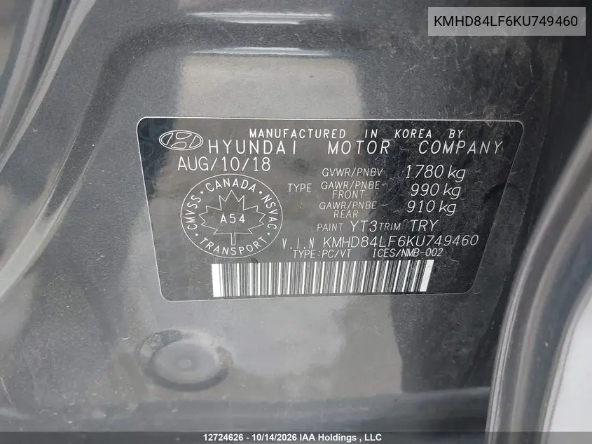 2019 HYUNDAI ELANTRA VIN KMHD84LF6KU749460 — фото 9