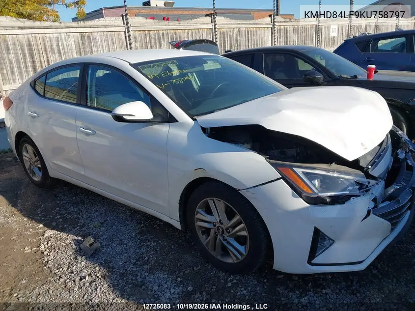 HYUNDAI ELANTRA 2019, VIN KMHD84LF9KU758797