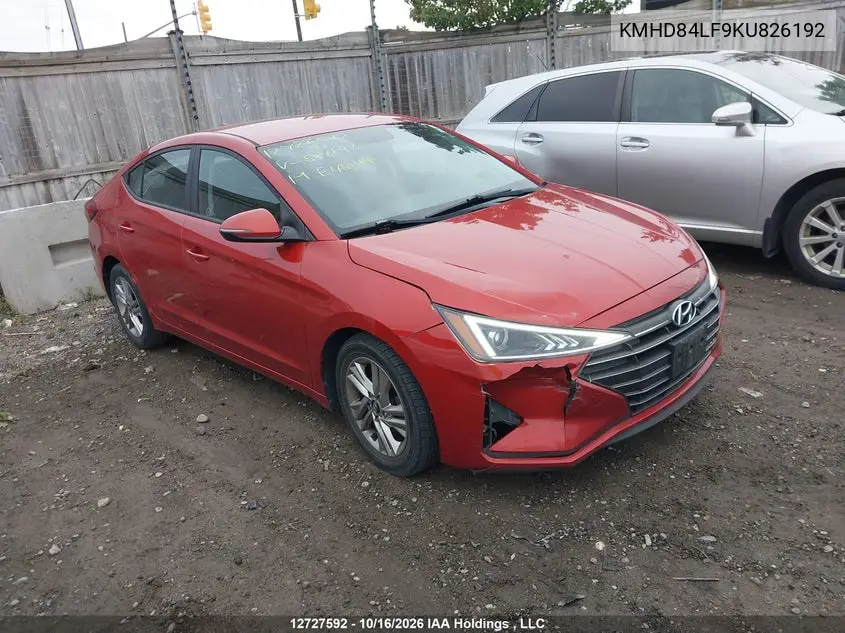HYUNDAI ELANTRA 2019, VIN KMHD84LF9KU826192