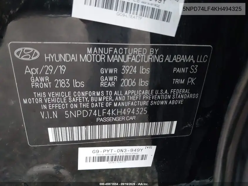 2019 HYUNDAI ELANTRA VIN 5NPD74LF4KH494325 — фото 9