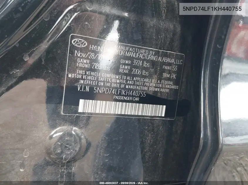2019 HYUNDAI ELANTRA VIN 5NPD74LF1KH440755 — фото 9