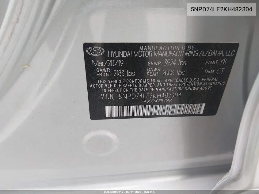 2019 HYUNDAI ELANTRA VIN 5NPD74LF2KH482304 — фото 9