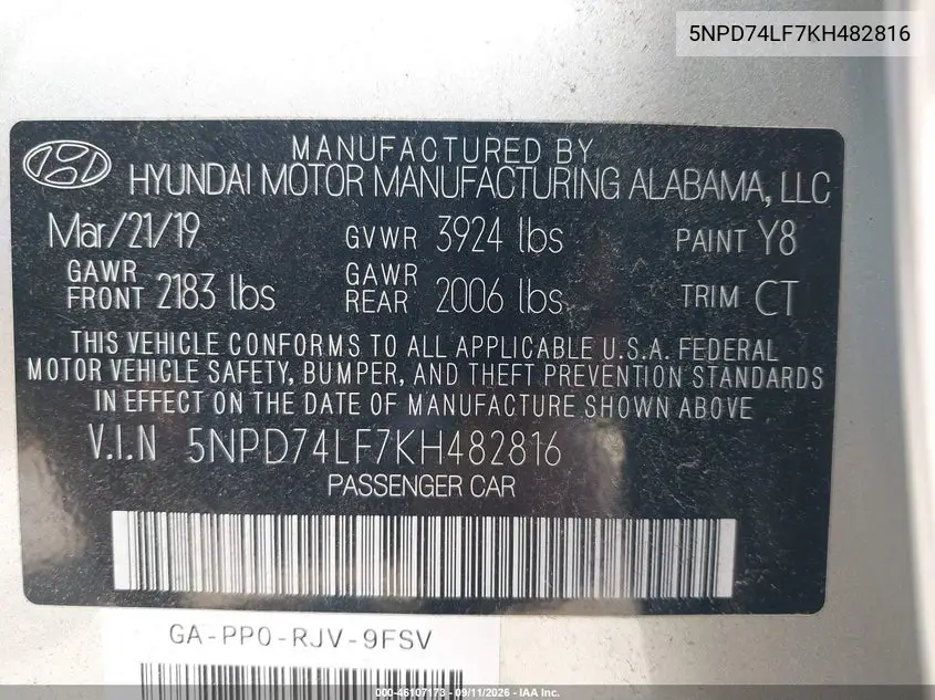 2019 HYUNDAI ELANTRA VIN 5NPD74LF7KH482816 — фото 9