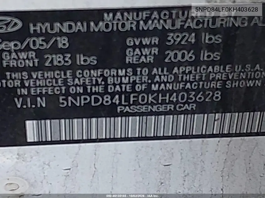2019 HYUNDAI ELANTRA VIN 5NPD84LF0KH403628 — фото 9