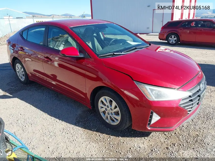 HYUNDAI ELANTRA 2019, VIN KMHD74LF2KU805168