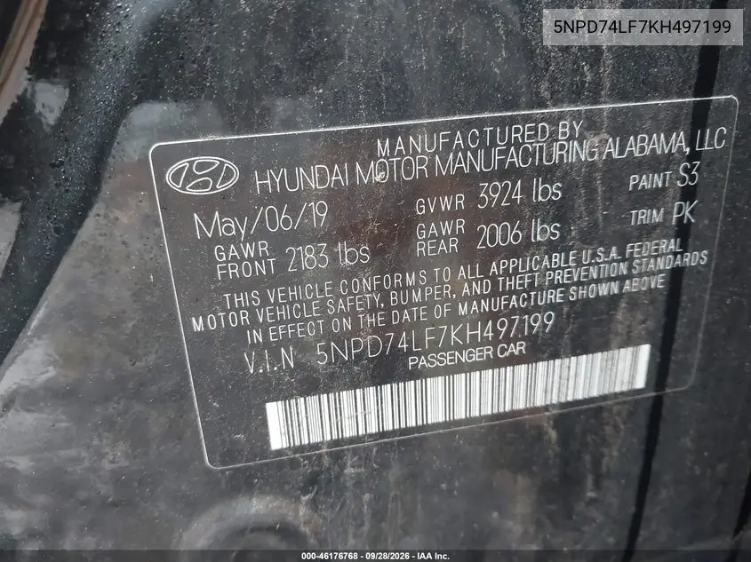 2019 HYUNDAI ELANTRA VIN 5NPD74LF7KH497199 — фото 9