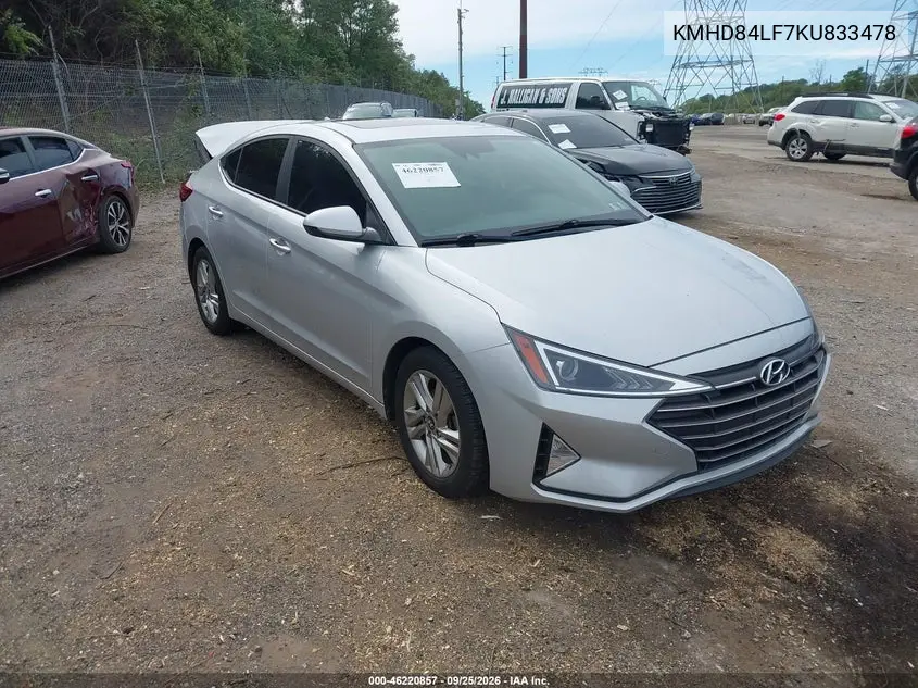 HYUNDAI ELANTRA 2019, VIN KMHD84LF7KU833478