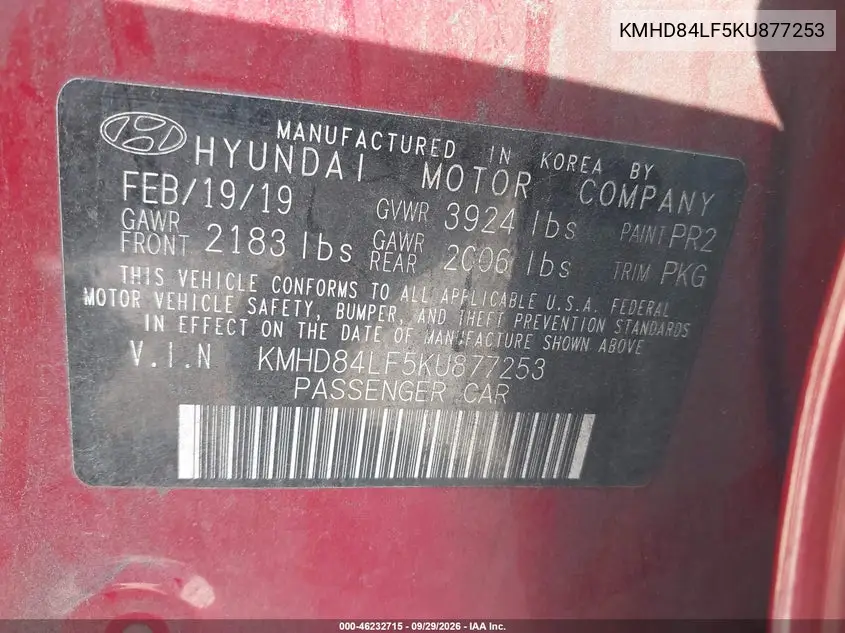 2019 HYUNDAI ELANTRA VIN KMHD84LF5KU877253 — фото 9