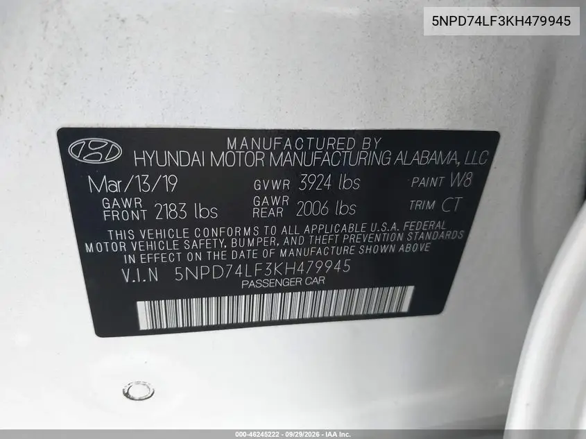 2019 HYUNDAI ELANTRA VIN 5NPD74LF3KH479945 — фото 9