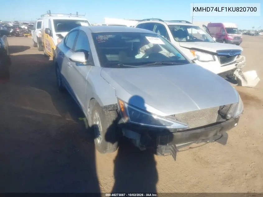 HYUNDAI ELANTRA 2019, VIN KMHD74LF1KU820700