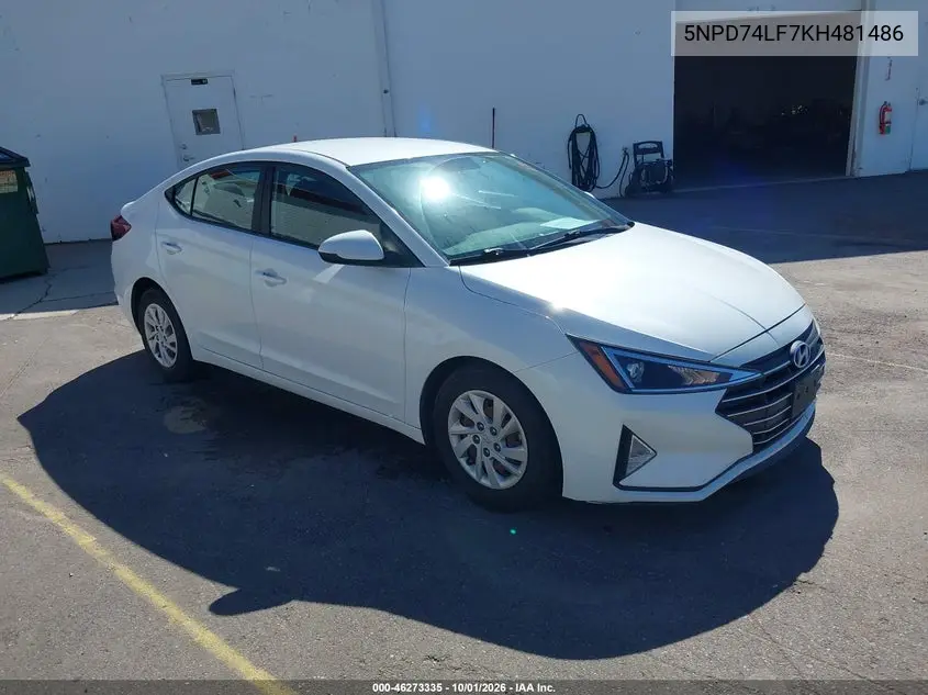 HYUNDAI ELANTRA 2019, VIN 5NPD74LF7KH481486
