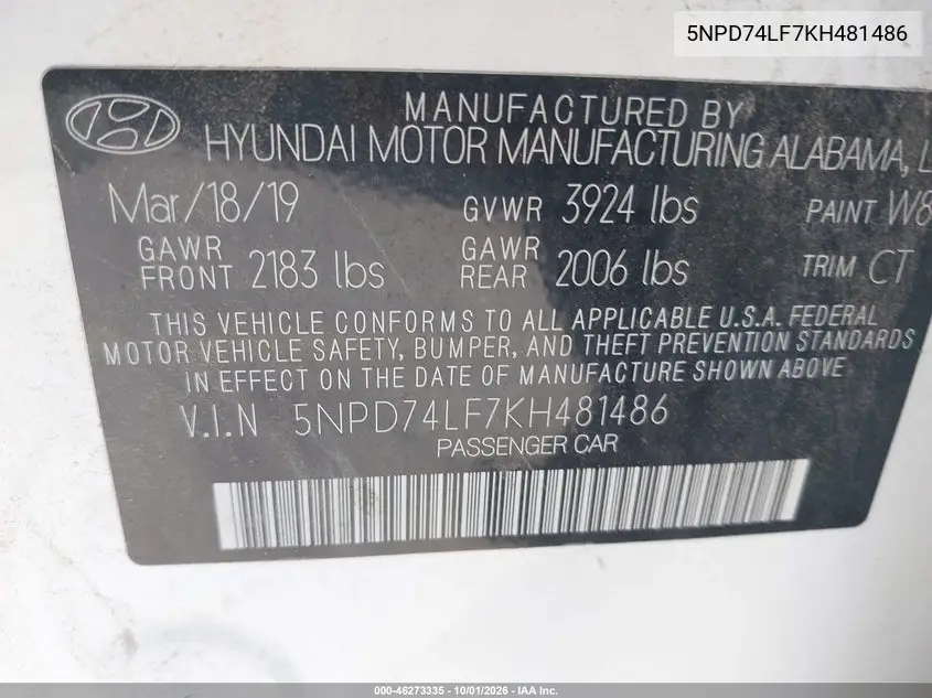 2019 HYUNDAI ELANTRA VIN 5NPD74LF7KH481486 — фото 9