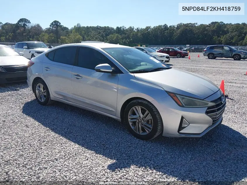 HYUNDAI ELANTRA 2019, VIN 5NPD84LF2KH418759