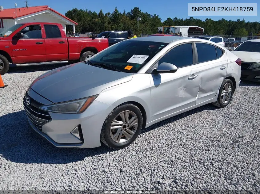 2019 HYUNDAI ELANTRA VIN 5NPD84LF2KH418759 — фото 2