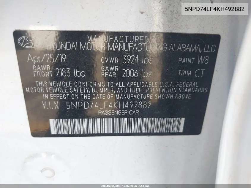 2019 HYUNDAI ELANTRA VIN 5NPD74LF4KH492882 — фото 9
