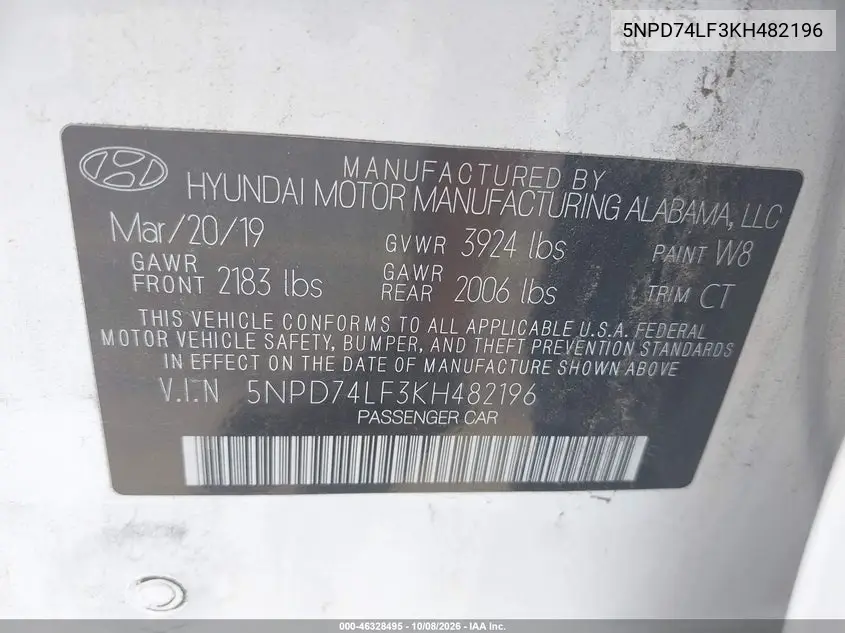 2019 HYUNDAI ELANTRA VIN 5NPD74LF3KH482196 — фото 9