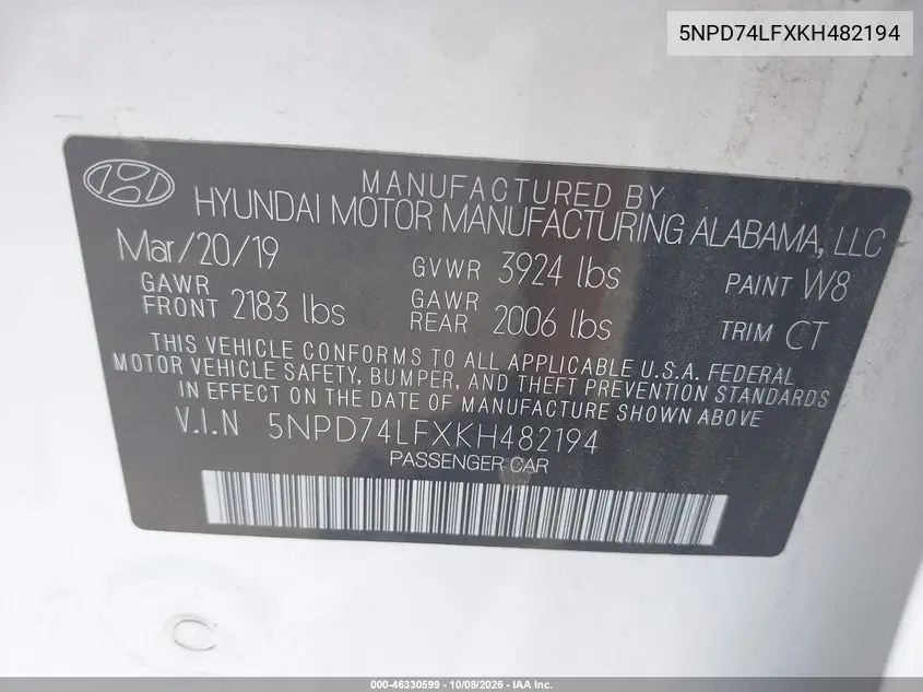 2019 HYUNDAI ELANTRA VIN 5NPD74LFXKH482194 — фото 9
