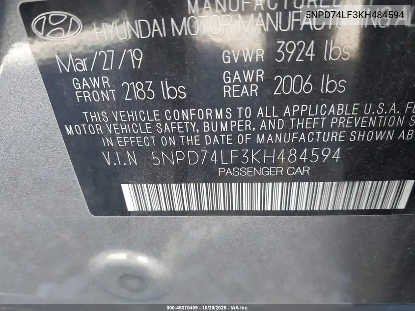 2019 HYUNDAI ELANTRA VIN 5NPD74LF3KH484594 — фото 9