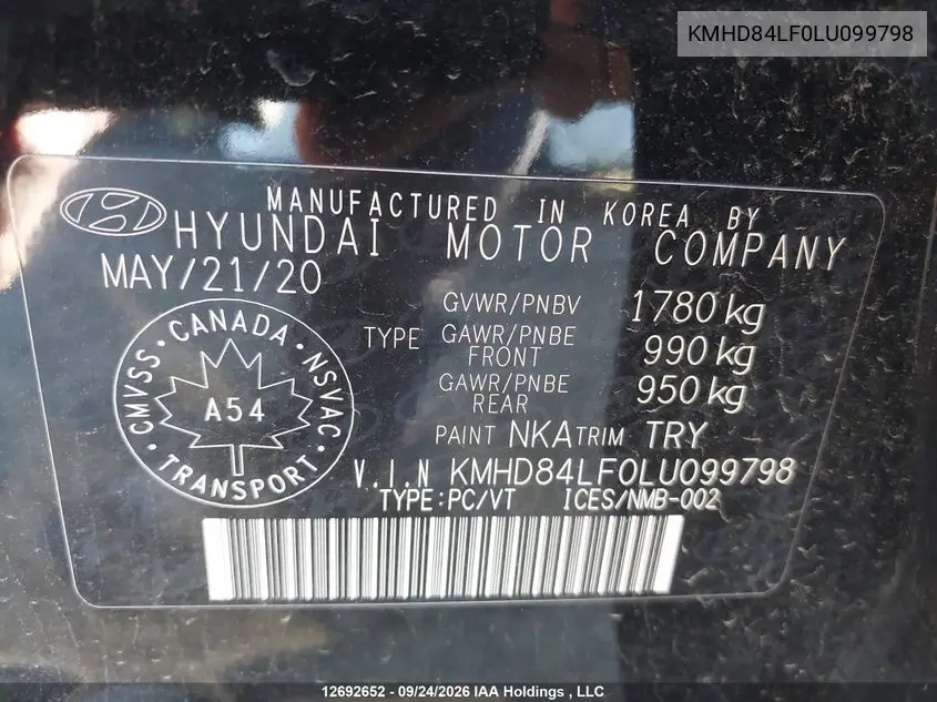 2020 HYUNDAI ELANTRA VIN KMHD84LF0LU099798 — фото 9