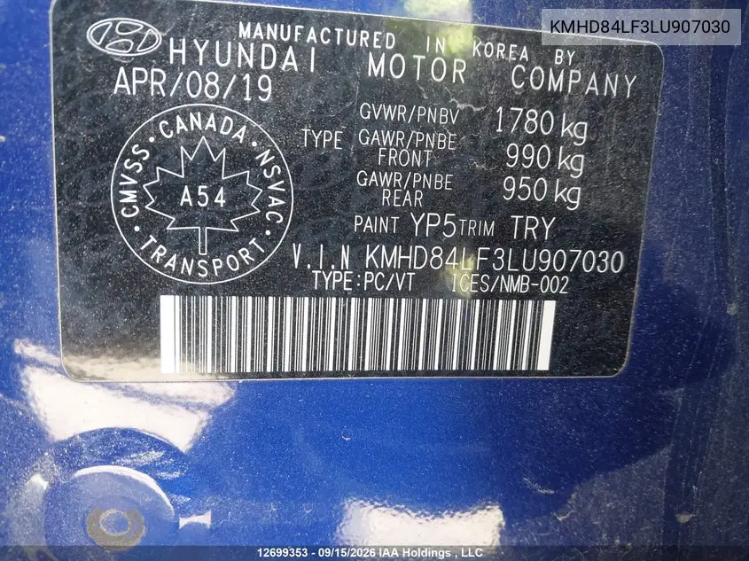 2020 HYUNDAI ELANTRA VIN KMHD84LF3LU907030 — фото 9