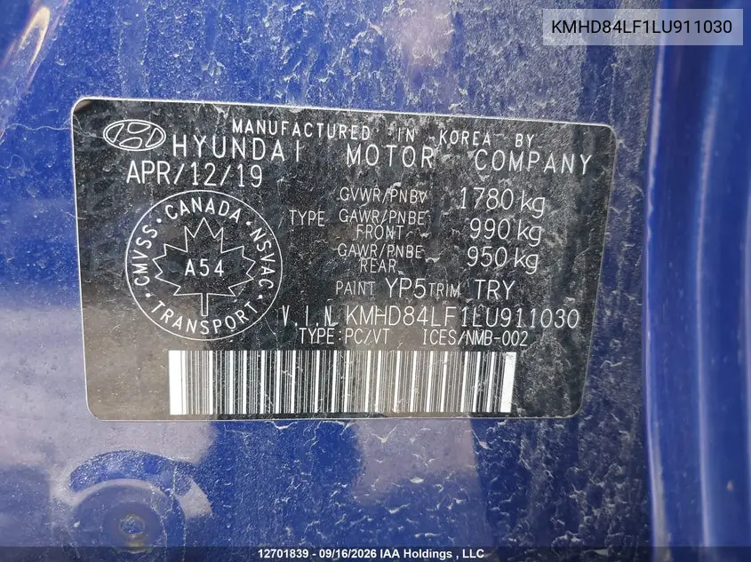 2020 HYUNDAI ELANTRA VIN KMHD84LF1LU911030 — фото 9