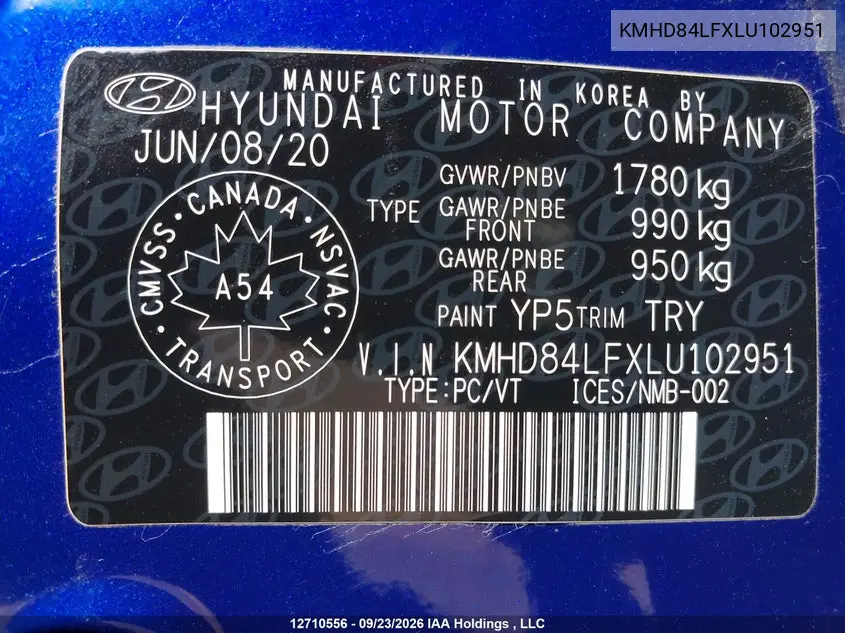 2020 HYUNDAI ELANTRA VIN KMHD84LFXLU102951 — фото 9