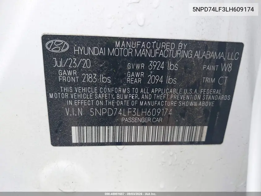 2020 HYUNDAI ELANTRA VIN 5NPD74LF3LH609174 — фото 9