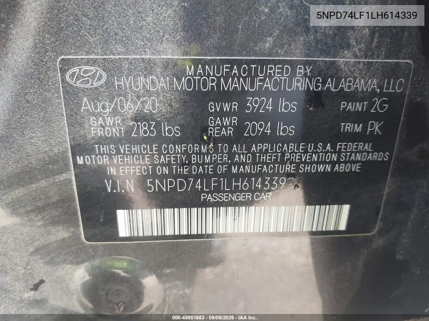 2020 HYUNDAI ELANTRA VIN 5NPD74LF1LH614339 — фото 9