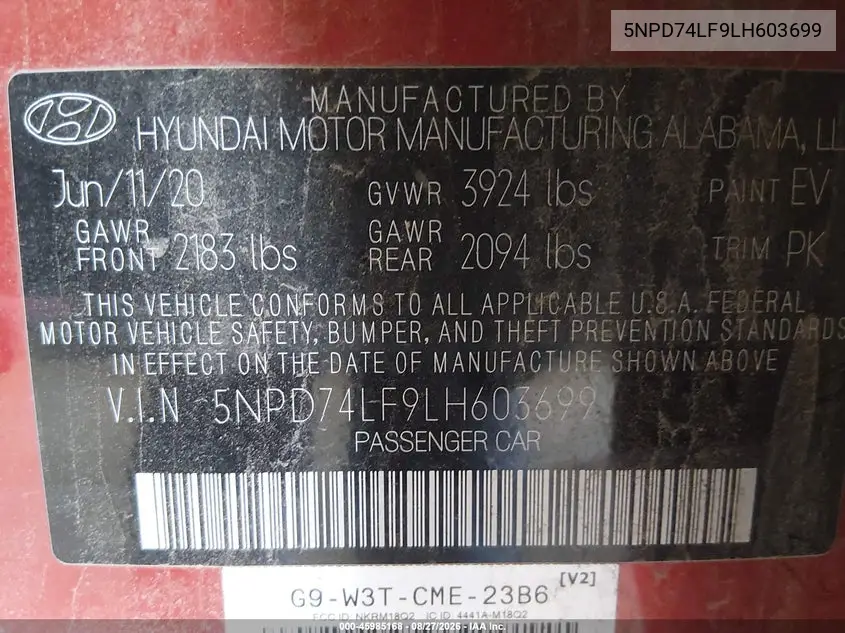 2020 HYUNDAI ELANTRA VIN 5NPD74LF9LH603699 — фото 9