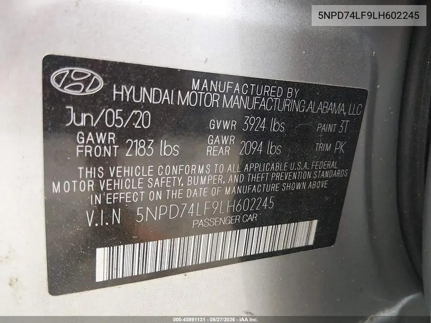 2020 HYUNDAI ELANTRA VIN 5NPD74LF9LH602245 — фото 9