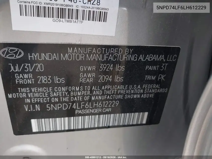 2020 HYUNDAI ELANTRA VIN 5NPD74LF6LH612229 — фото 9
