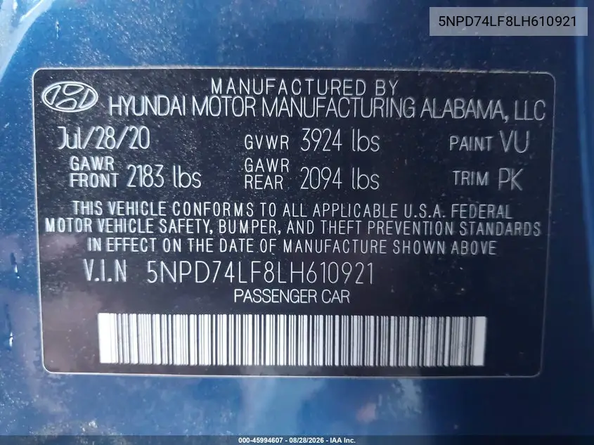 2020 HYUNDAI ELANTRA VIN 5NPD74LF8LH610921 — фото 9